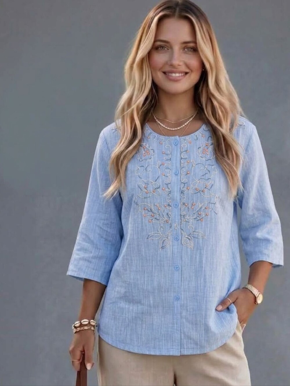 Alia Light Blue Embroidered Button-Front Women Casual Loose Cotton Top Tunic 16